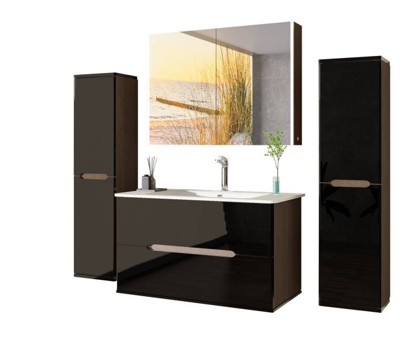 Homeline Badmöbel-Set Bad Möbelset Badezimmer Möbel Hochglanz 90 Eiche Weiß Spiegelschrank, (Spar Set, 3-St., Bis zum fünfteiliges Set), Hochglanz Spiegelschrank mit LED Beleuchtung keramik, Waschbecken von Homeline