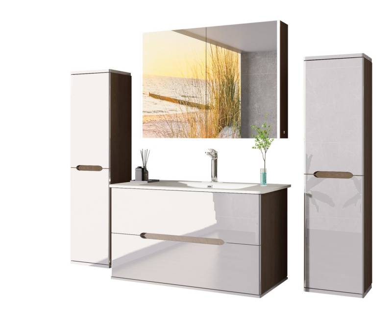 Homeline Badmöbel-Set Bad Möbelset Badezimmer Möbel Hochglanz 90 Eiche Weiß Spiegelschrank, (Spar Set, 5-St., Bis zum fünfteiliges Set), Hochglanz Spiegelschrank mit LED Beleuchtung keramik, Waschbecken von Homeline