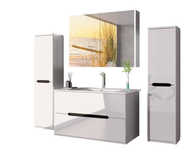 Homeline Badmöbel-Set Bad Möbelset Badezimmer Möbel Hochglanz 90 cm Eiche / Weiß Schwarz, (Spar-Set, 5-St., Fünfteiliges Set), Spiegelschrank mit Keramikbecken, Hochglanz von Homeline