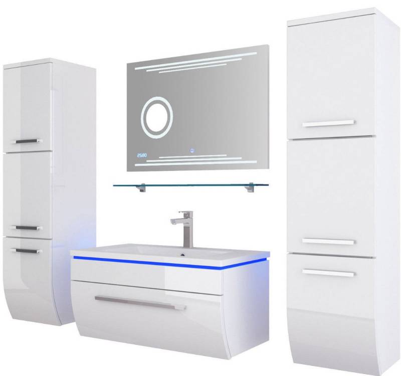 Homeline Badmöbel-Set Badmöbel Set Hochglanz 6 TLG 70 cm Weiß Led Touch Badezimmer Möbel, (Spar Set, 6-St., 6 Teiliges Set), Hochglanz lackiert LED System Touch System von Homeline