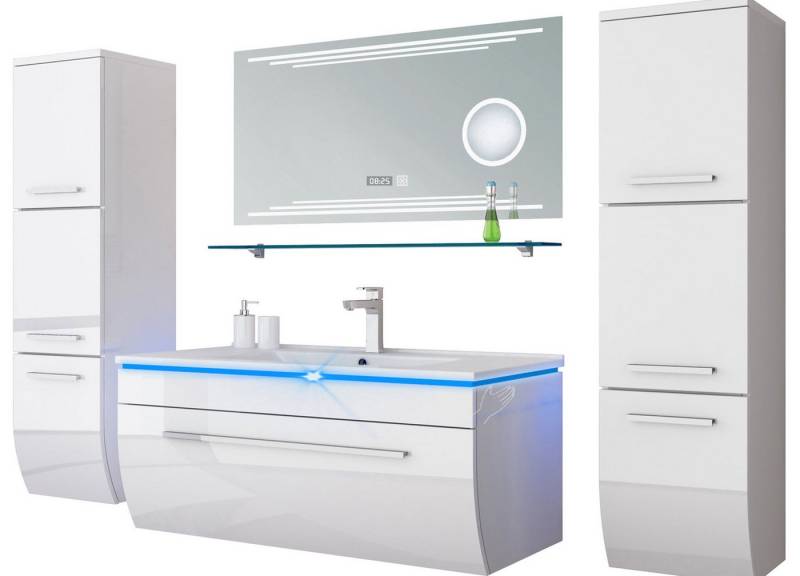 Homeline Badmöbel-Set Badmöbel Set Hochglanz 6 TLG 90 cm Weiß Led Touch Badezimmer Möbel, (Spar set Weiß Hochglanz 90 cm, 6-St., Sechsteiliges Bad möbelset), Hochglanz lackiert mit LED System vor montiert mit Kosmetik Spiegel von Homeline