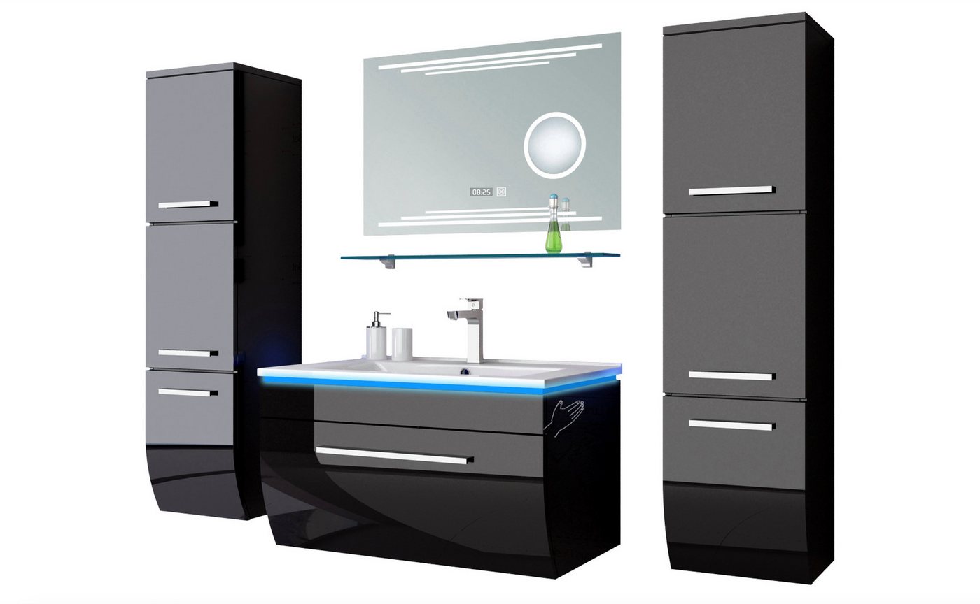 Homeline Badmöbel-Set Badmöbel Set Hochglanz lackiert 6 TLG 70 cm Schwarz Led Touch, (Spar-Set, 6 teiliges Badmöbel Set), Hochglanz LED System Touch System vor montiert Original verpackt von Homeline