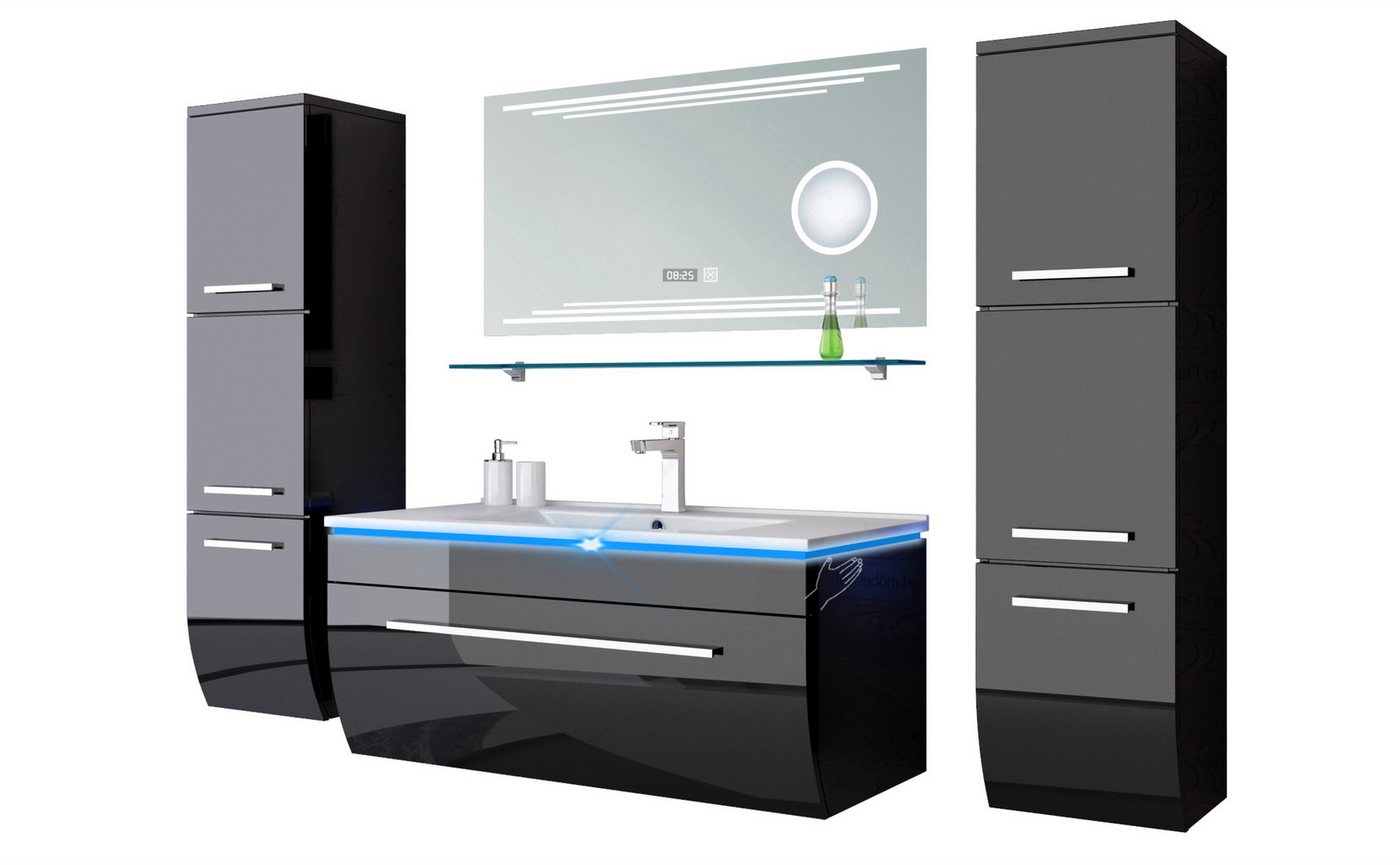 Homeline Badmöbel-Set Badmöbel Set Hochglanz lackiert 6 TLG 70 cm Schwarz Led Touch, (Spar-Set, Sechsteiliges Set), Hochglanz lackiert Schon vormontiert von Homeline