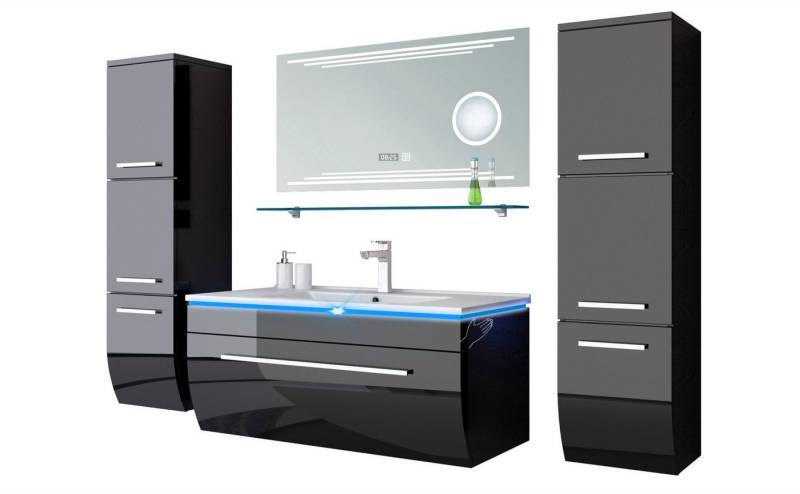 Homeline Badmöbel-Set Badmöbel Set Hochglanz lackiert 6 TLG 70 cm Schwarz Led Touch, (Spar-Set, Sechsteiliges Set), Hochglanz lackiert Schon vormontiert von Homeline