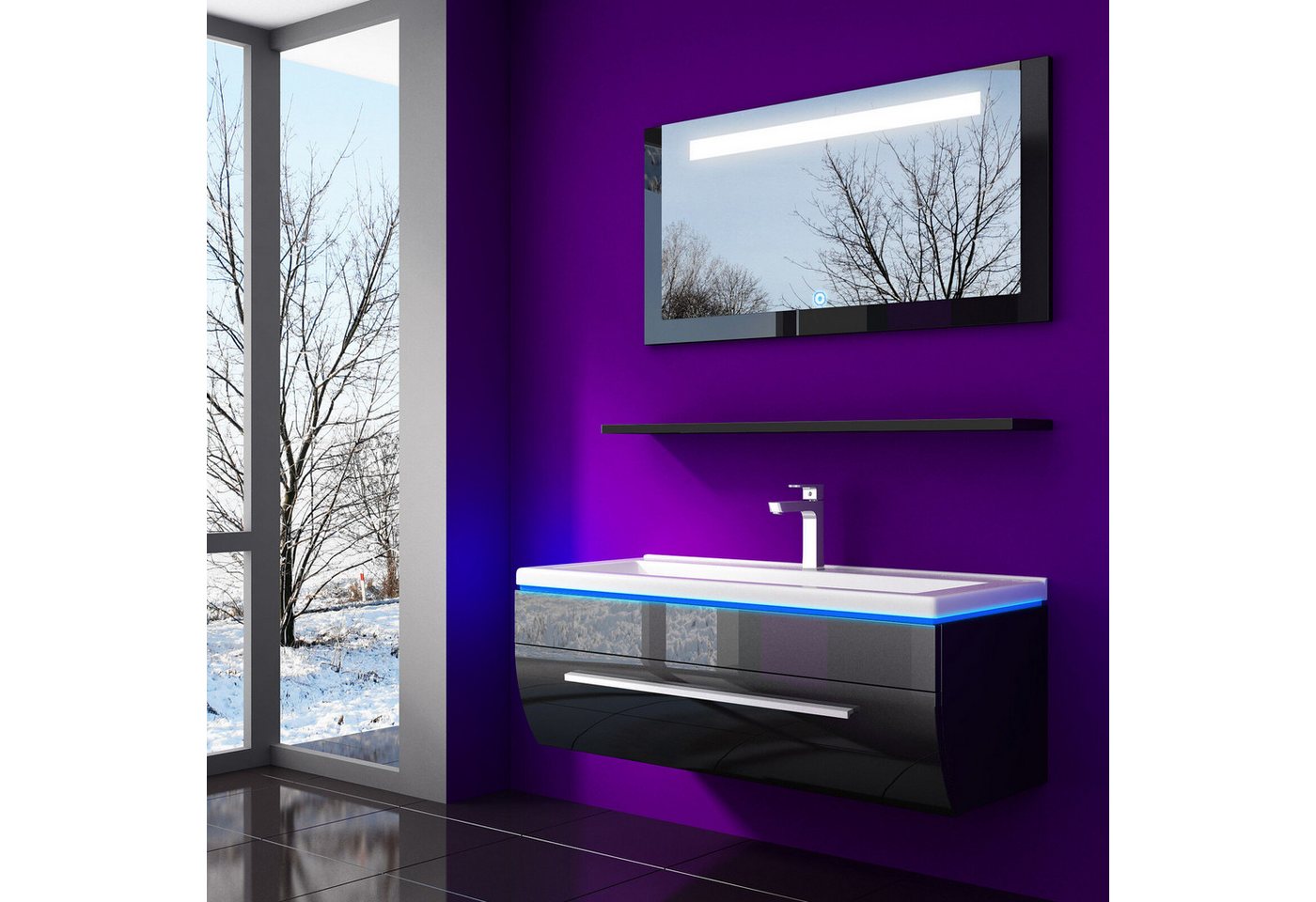 Homeline Badmöbel-Set Badmöbel Set Weiß Hochglanz lackiert LED System tauschsystem, (Komplette Set ohne wasch dich Armatur und Ablaufgarnitur, 4-St., Set Angebot), Hochglanz lackiert tauschsystem inklusiv LED von Homeline