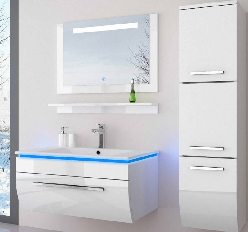 Homeline Badmöbel-Set Badmöbel Set Weiß Hochglanz lackiert LED System tauschsystem, (Komplette Set ohne wasch dich Armatur und Ablaufgarnitur, 5-St., Set Angebot), Hochglanz lackiert tauschsystem inklusiv LED von Homeline