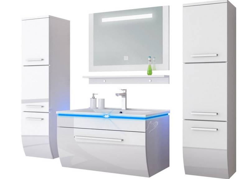 Homeline Badmöbel-Set Badmöbel Set Weiß Hochglanz lackiert LED System tauschsystem, (Komplette Set ohne wasch dich Armatur und Ablaufgarnitur, 6-St., Set Angebot), Hochglanz lackiert tauschsystem inklusiv LED von Homeline