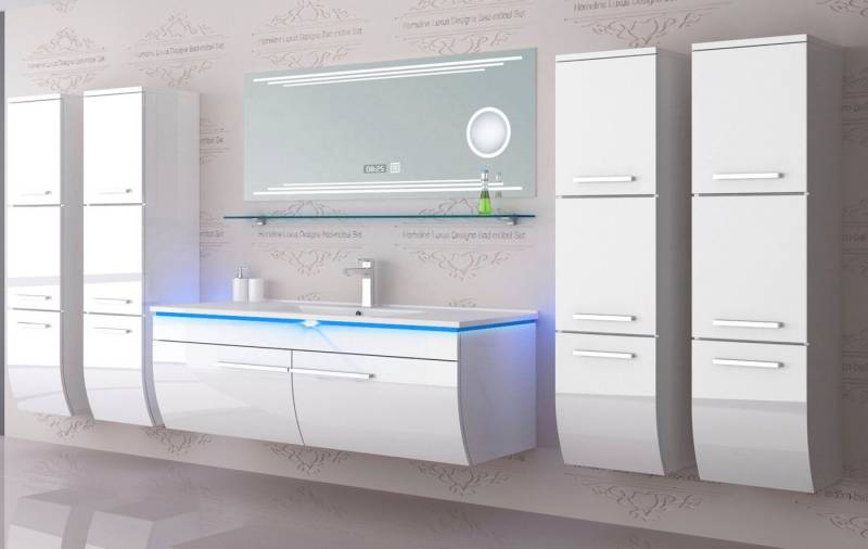 Homeline Badmöbel-Set Badmöbel Set montiert Weiß Hochglanz Badezimmermöbel 120 cm 8 tlg LED, (Komplette set, 8-St., Besteht aus 8 Teile), Lackiert von Homeline