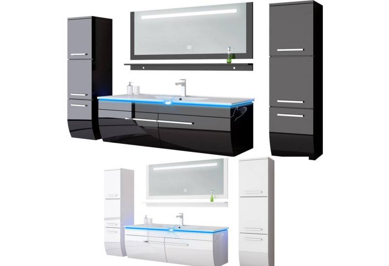 Homeline Badmöbel-Set Danny, (90 Badmöbel Set Weiss Komplett Hochglanz Lackiert Badezimmermöbel 6 Teilige LED Bad Weiß Montiert wird geliefe., 6-St) von Homeline