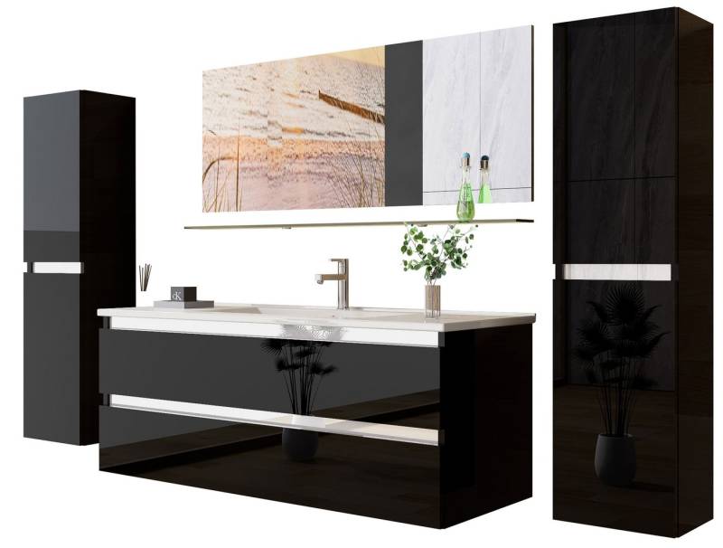 Homeline Badmöbel-Set Deniz und Marcel New in 3 Größen, (Komplettes Badmöbel Set, 6-St., Badmöbel Weiß Hochglanz bis 6 Teilig Badezimmermöbel), Hochglanz Optik Mit 2 Schubladen von Homeline
