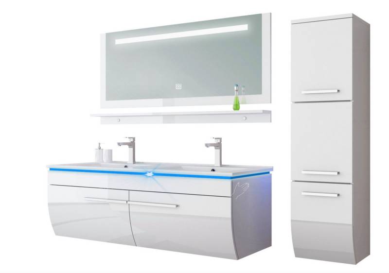 Homeline Badmöbel-Set Doppelwaschbecken Badmöbel Set 120 cm Weiss, (5-St) von Homeline