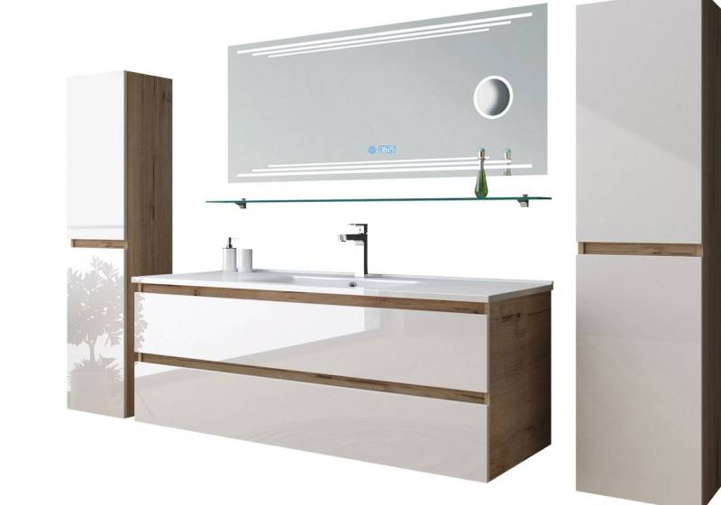 Homeline Badmöbel-Set Leonard badmöbel Set Eiche/Weiß Kosmetik Spiegel 60 90 120 cm, (BadMöbel Set, 5-St., Badezimmer Möbel) von Homeline