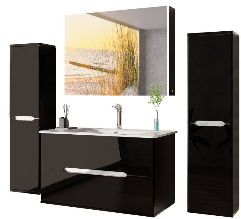 Homeline Badmöbel-Set Sky Badmöbel set Schwarz mit Spiegelschrank und Hängeschränke, (Badmöbel set Hochglanz, Bad Möbelset 5Tlg) von Homeline
