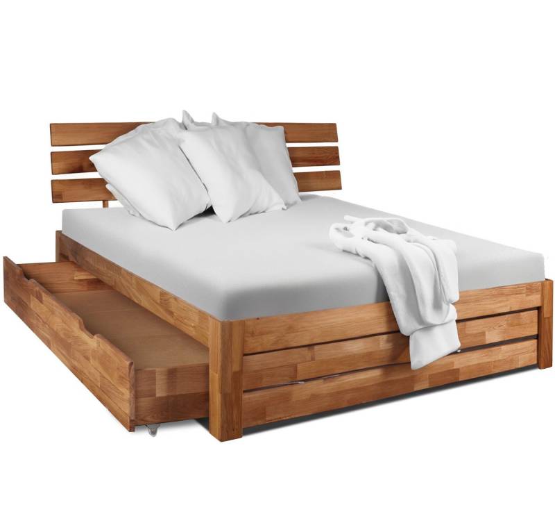 Homeline Holzbett Doppelbett 140x200 180×200 Eiche Bettgestell Massiv Bett Geölt Eiche (Spar-Set, Modern), Eichel massiv von Homeline