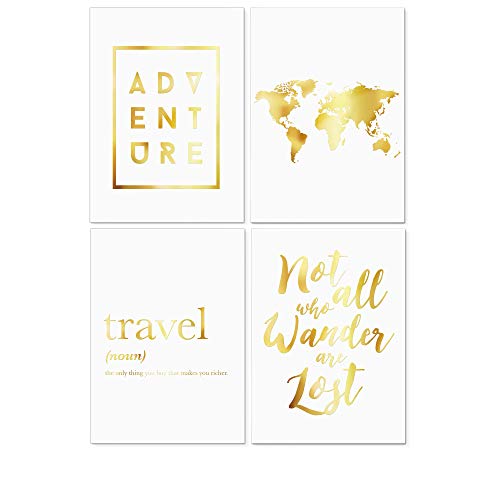 homelov Premium Poster Set | 4 x DIN A4 – 21x30 cm | 100% Holzfreies Papier & Hochwertiger Kunstdruck | Kostenlose Wallpaper & Aufkleber | » Travel Real Gold Set « von homelov