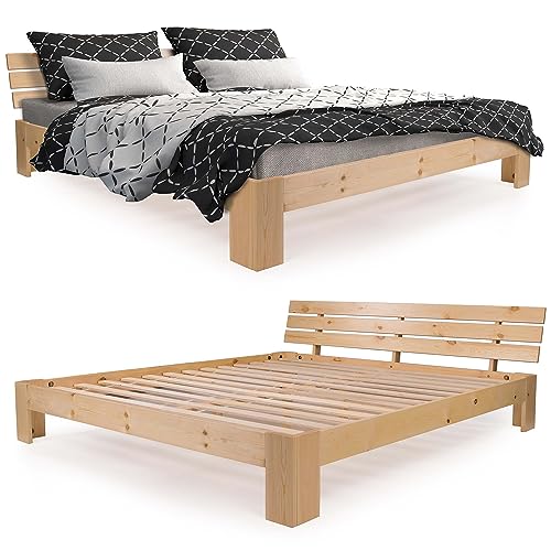 SANZARO Holzbett 140 x 200 cm - Massivholz Bett Kiefer Doppelbett Balkenbett Bettgestell Bettrahmen Lattenrost, Natur von Homelux