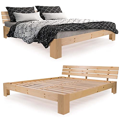 SANZARO Holzbett 180 x 200 cm - Massivholz Bett Kiefer Doppelbett Balkenbett Bettgestell Bettrahmen Lattenrost, Natur von Homelux