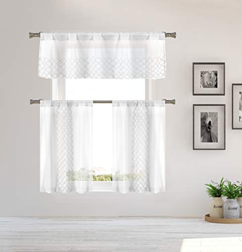 Home Maison Ramona 3-teiliges Küchenvorhang-Set, 147,3 x 38,1 cm, Stoff, Weiß-Silber, 147,3 x 38,1 cm von Homemaison
