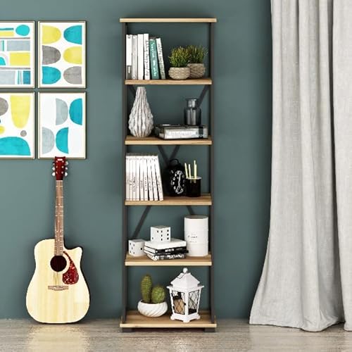 Homemania Bücherregal mit Regal, für Wand, Büro, Studio, Wohnzimmer, Walnuss, Schwarz, Holz, Metall, 51 x 30 x 162 cm, Spanplatte von Homemania