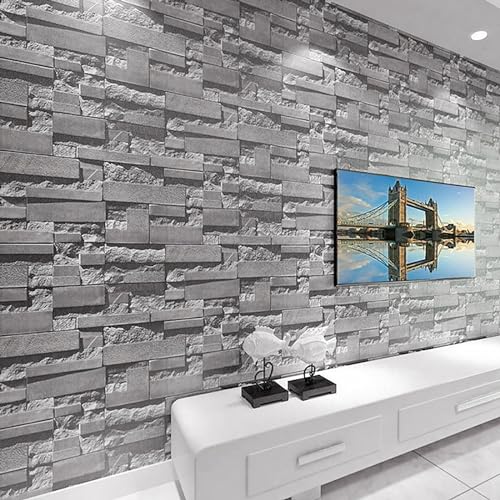 Homemari 0.53M * 9.5M Klebefolie Möbel Grau Stein Ziegel Tapete, Abziehen und Aufkleben Selbstklebende Tapete, Wandverkleidung aus Kunststoffplatten Vinyl Wrap Film für Küche Kamin Backsplash von Homemari