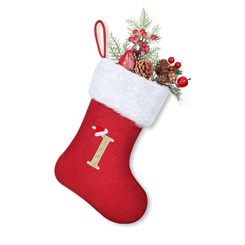 Homemari Personalisierte Weihnachtsstrümpfe mit Buchstaben 30 cm Bestickter Nikolausstrumpf Christmas Stockings Weißem Plüschbündchen Kamin hängende Ornamente Geschenkhalter für Weihnachtsbaum I von Homemari