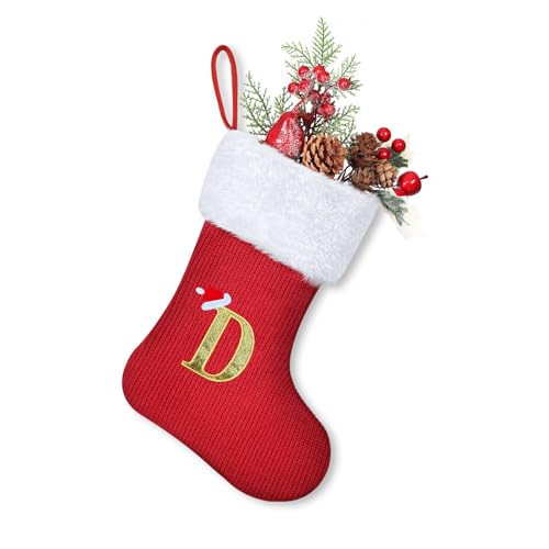 Homemari Personalisierte Weihnachtsstrümpfe mit Buchstaben 30 cm Bestickter Nikolausstrumpf Christmas Stockings Weißem Plüschbündchen Kamin hängende Ornamente Geschenkhalter für Weihnachtsbaum D von Homemari