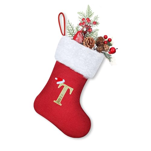 Homemari Personalisierte Weihnachtsstrümpfe mit Buchstaben 30 cm Bestickter Nikolausstrumpf Christmas Stockings Weißem Plüschbündchen Kamin hängende Ornamente Geschenkhalter für Weihnachtsbaum T von Homemari