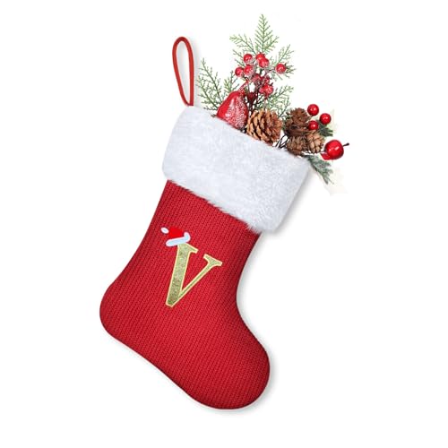 Homemari Personalisierte Weihnachtsstrümpfe mit Buchstaben 30 cm Bestickter Nikolausstrumpf Christmas Stockings Weißem Plüschbündchen Kamin hängende Ornamente Geschenkhalter für Weihnachtsbaum V von Homemari