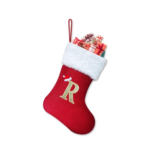 Homemari Personalisierte Weihnachtsstrümpfe mit Buchstaben 30 cm Bestickter Nikolausstrumpf Christmas Stockings Weißem Plüschbündchen Kamin hängende Ornamente Geschenkhalter für Weihnachtsbaum R von Homemari