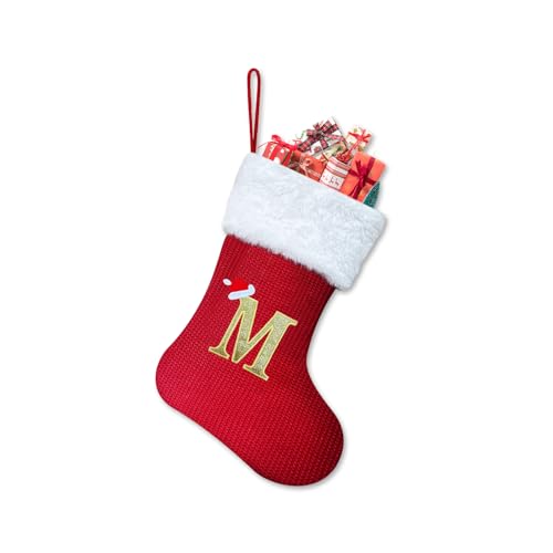 Homemari Personalisierte Weihnachtsstrümpfe mit Buchstaben 30 cm Bestickter Nikolausstrumpf Christmas Stockings Weißem Plüschbündchen Kamin hängende Ornamente Geschenkhalter für Weihnachtsbaum M von Homemari