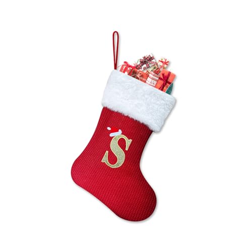 Homemari Personalisierte Weihnachtsstrümpfe mit Buchstaben 30 cm Bestickter Nikolausstrumpf Christmas Stockings Weißem Plüschbündchen Kamin hängende Ornamente Geschenkhalter für Weihnachtsbaum S von Homemari