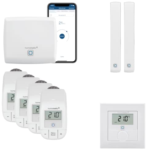 Homematic IP Funk Smart Home Heizungssteuerung Komplettpaket für 4 Heizkörper mit kostenloser Smartphone App. Inhalt: Zentrale, 4 Heizkörperthermostate, 2 Tür-Fensterkontakte, 1 Wandthermostat. von Homematic