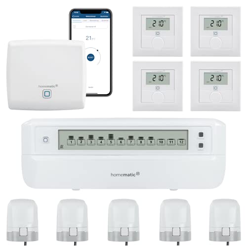 Homematic IP Motorische Fußbodenheizungssteuerung für 4 Räume. Smart Home Set: Access Point, 4 Funk Wandthermostate, 5 Stellantriebe und 1 Fußbodenheizungsaktor. Mit App und Alexa kompatibel. von Homematic IP