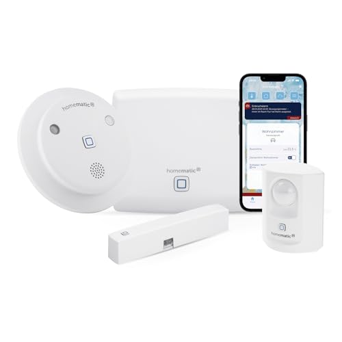 Homematic IPSmart Home Starter Set Alarm, digitaler Fenstersensorund Bewegungsmelder,kabellose Funk Innensirene mit App-Funktion warnt hörbar,sichtbar und per Push-Nachricht,153348A0 von Homematic IP