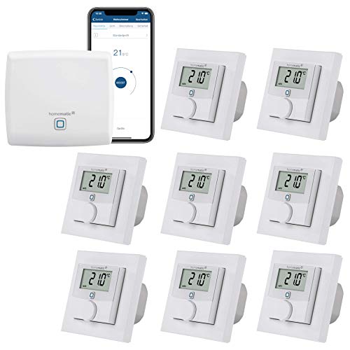 Homematic IP kabelgebundene Fußbodenheizungssteuerung zur Einzelraumregelung in 8 Räumen. Inhalt: Access Point und 8 Digitale Raumthermostate mit Schaltausgang. Mit App und Alexa kompatibel. von Homematic IP