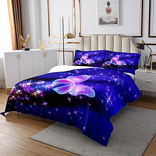 3D verträumte Schmetterlinge Steppdecke Hell Lila Schmetterling Gedruckt Tagesdecke 170x210cm für Kinder Blau Galaxis Bettüberwurf Glitter Sterne Dekor Schlafzimmer Kollektion 2St von Homemissing