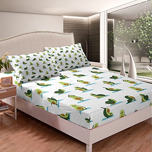 Avocado Spannbettlaken 140x200cm Kinder Niedlich Karikatur Yoga Avocado Druck Bettlaken Set für Jungen Mädchen Jugendliche Lustiges Obst Spannbetttuch Atmungsaktiv Grün Raumdekoration von Homemissing