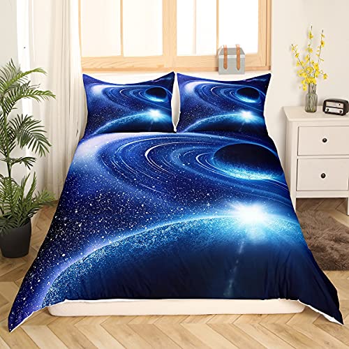 Bettwäsche-Set, bedruckt, Galaxie, blau, 3D-Universum, Planet, Bettbezug, 220 x 240 cm, Sternenhimmel, Bettwäsche, Kinder, Bettwäsche aus Mikrofaser, Set mit 2 Kissenbezügen von Homemissing