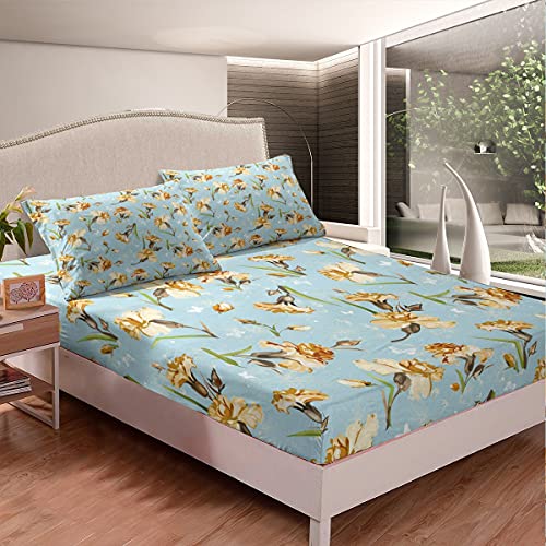 Blumen Spannbetttuch Frauen Schick Blumen Schmetterlinge Spannbettlaken 90x200cm Mädchen Jugendliche Gelb Blau Dekor Bettlaken Set Mikrofaser Schlafzimmer von Homemissing