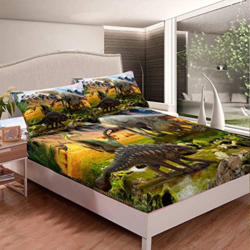 Dinosaurier Spannbettlaken 90x200cm Dschungel Tiere Muster Spannbetttuch für Kinder Jungen Mädchen Jugendliche 3D Dinosaurier gedruckt Bettlaken Set Tierwelt Stil Zimmer Dekor 2St von Homemissing