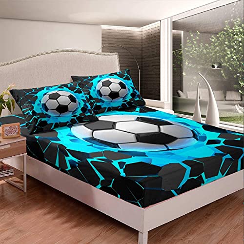 Fußball Spannbettlaken 140x200cm Set für Sport Thema Schlafzimmer Jungen 3D Fußball Ball Muster Spannbetttuch Kinder Kind Hippie Geometrisches Design Bettlaken Set Zimmer Dekor 2St von Homemissing