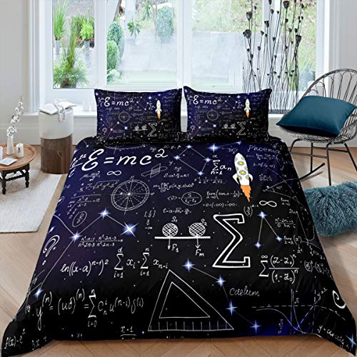 Galaxis Betten Set Mathe Formeln Flugzeuge Bettbezug Set für Jungen Mädchen Geometrischer Streifen Dekor Bettwäsche Set 135x200cm Blauer Sternenhimmel mit 1 Kissenbezug 2St von Homemissing