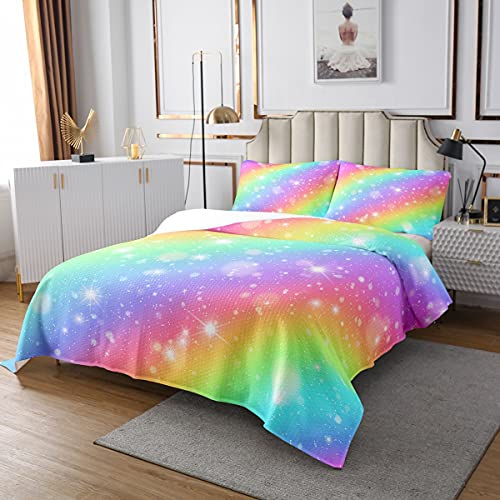 Galaxis Bettüberwurf Glitter Regenbogen Streifen Dekor Tagesdecke 220x240cm für Kinder Jungen Universum Sternenhimmel Steppdecke Bunte Funkeln Sterne Raum Wohndecke mit 2 Kissenbezügen 3St von Homemissing