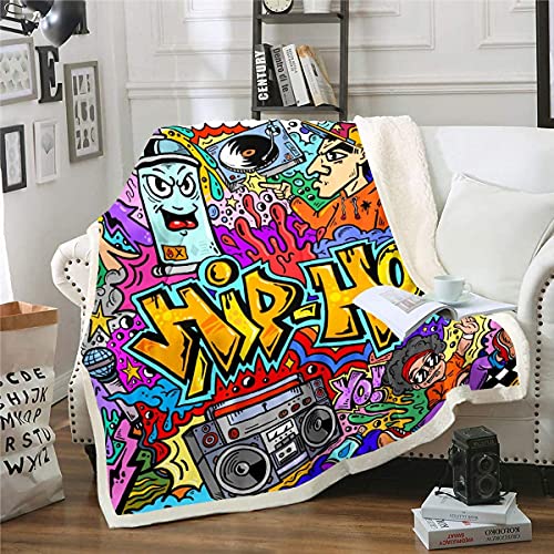 Hippie Graffiti Decke 150x200cm Hip Hop Radio Rock Kuscheldecke Kinder Jungen Buntes Graffiti Muster Flanell Fleecedecke Aquarell Kunst Wohndecke für Schlafsofa Couch von Homemissing