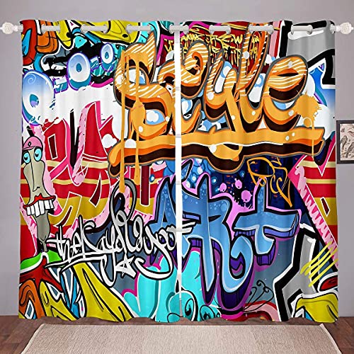 Hippie Graffiti Fenstervorhang 137x117cm Bunte Graffiti Kunstdruck Vorhänge für Schlafzimmer Wohnzimmer für Kinder Jungen Jugendliche Hip Hop Blickdichte Vorhänge Straße Hipster 2 Paneele von Homemissing