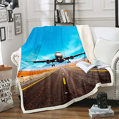 Homemissing Decke 150x200cm für Schlafsofa Couch Kinder Luftfahrt Flugzeug Runway Kuscheldecke 3D Flugzeug Flanell Fleecedecke Ultra Weich Mikrofaser Wohndecke von Homemissing