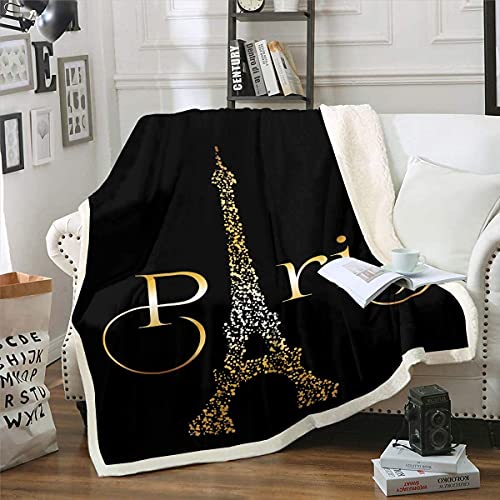 Homemissing Eiffelturm Flanell Fleecedeckes Romantic Paris Thema Decke 150x200cm für Kinder Mädchen Erwachsene Paris Stadtbild Kuscheldecke Super Weich Cosy Mikrofaser Wohndecke Schwarz Golden von Homemissing