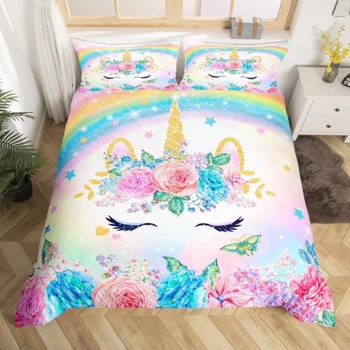 Homemissing Einhorn Bettwäsche Set 135x200cm für Kinder Mädchen Schlafzimmer Dekorationen Teens 3D Bunte Einhorn Regenbogen Bettwäsche Bettbezug Set Ultra weiche und fluffige Blume Bettwäsche von Homemissing