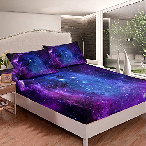 Homemissing Galaxis Bettlaken Set für Kinder Universum Sternenklarer Himmel Spannbettlaken 90x200cm Weltraum Kosmos mit 1 Kissenbezüge Ultra weich Blau Lila Milky Way Spannbetttuch Kein flaches Blatt von Homemissing