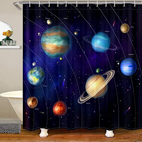 Homemissing Galaxis Duschvorhang Textil Kinder Universum Planet Bedruckter Duschvorhang 180x180cm für Jugendliche Weltraum Thema Badezimmer Stoff Sternenhimmel Planeten Dekor wasserdichte Vorhänge von Homemissing